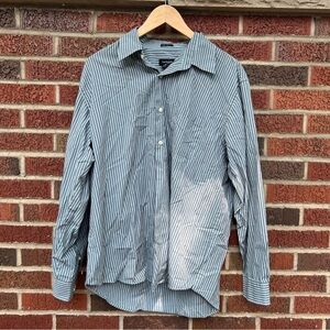 Van Heusen Dark Gray and Light Blue Striped Collared Button Down Dress Shirt